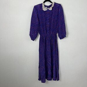 Jonathan Martin Vintage Prairie Midi Dress Purple Floral Pleated Bodice Lace